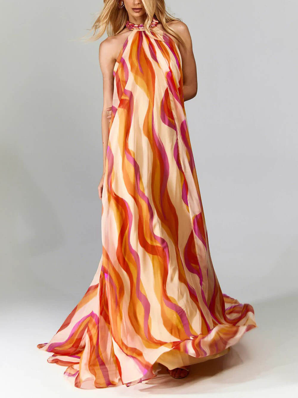 Braided Halterneck Wave Print Maxi Dress