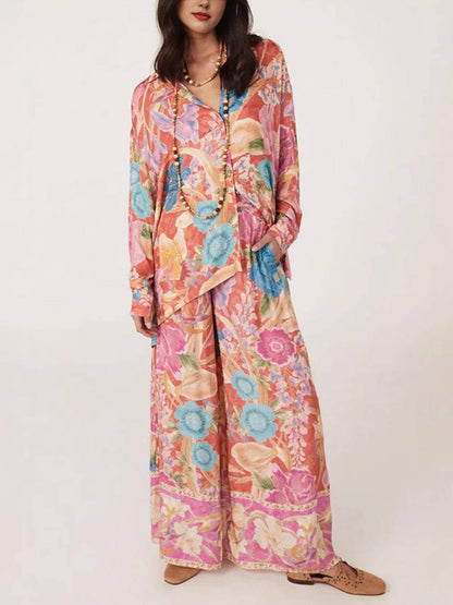 Satin Unique Print Elastic Waistband Pocket Wide Leg Pants