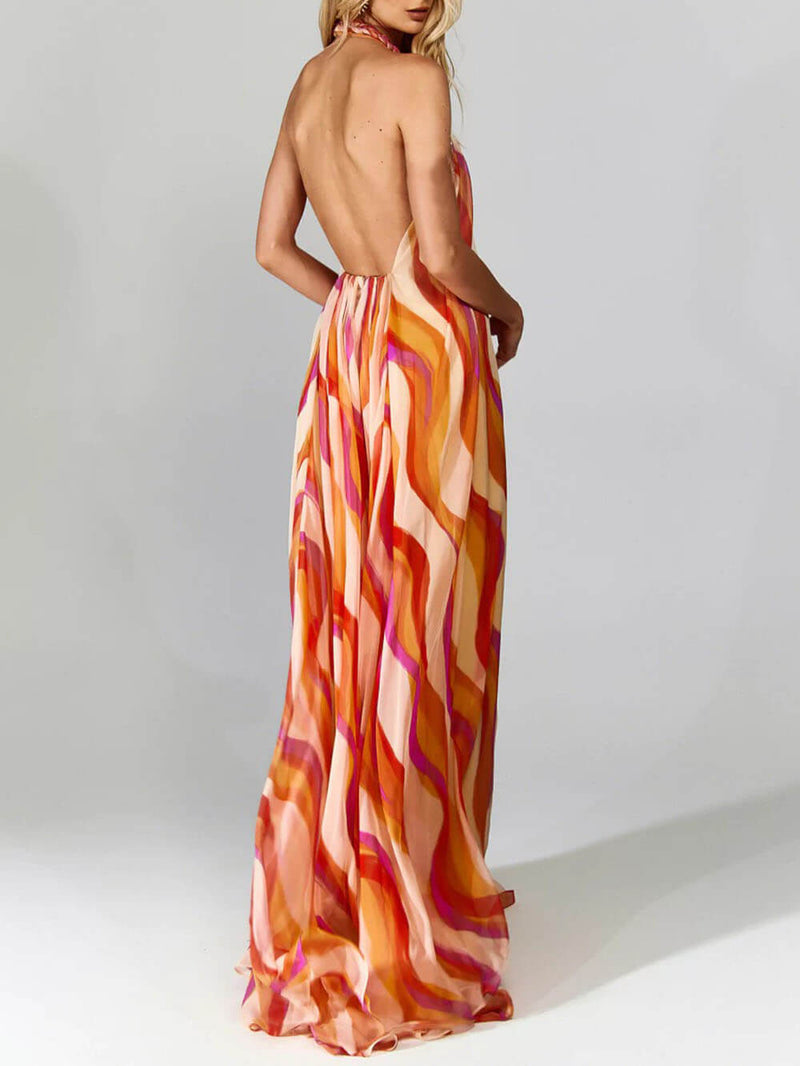 Braided Halterneck Wave Print Maxi Dress