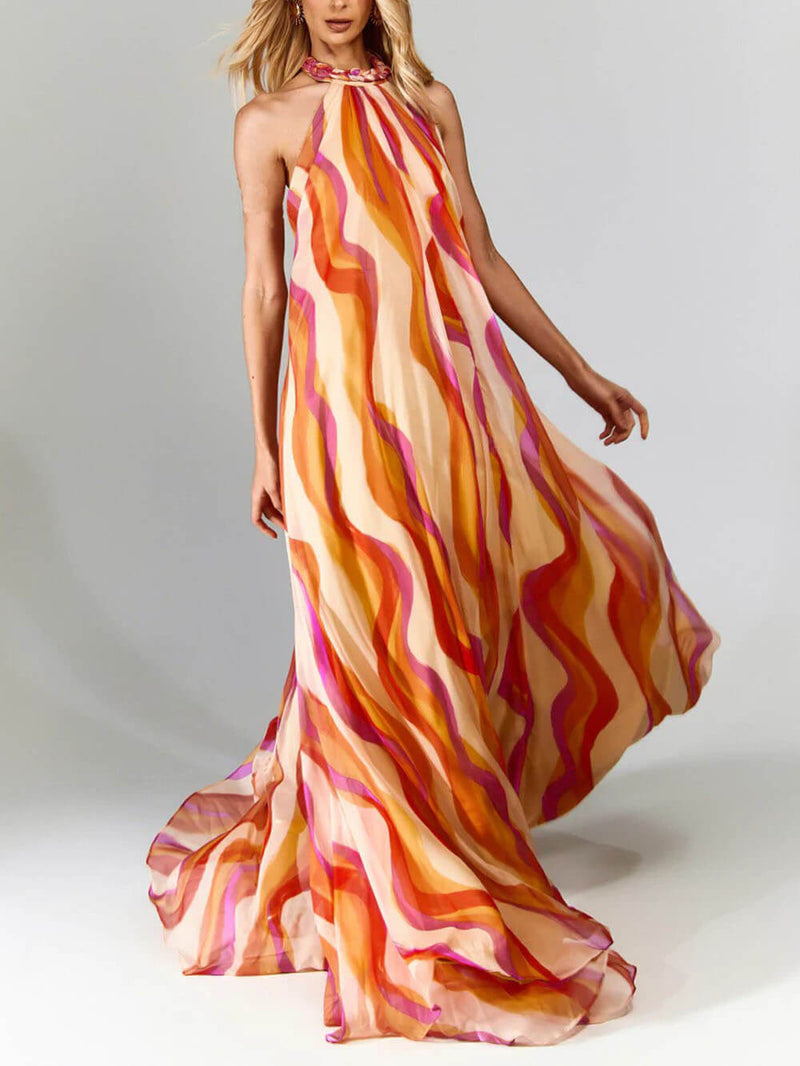 Braided Halterneck Wave Print Maxi Dress