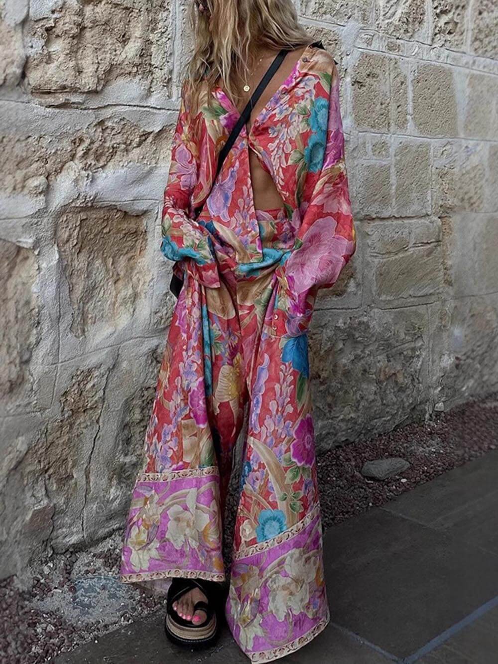 Satin Unique Print Elastic Waistband Pocket Wide Leg Pants
