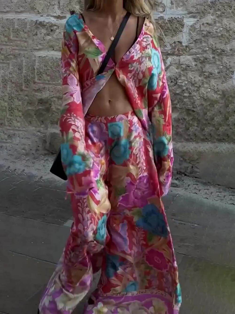 Satin Unique Print Elastic Waistband Pocket Wide Leg Pants