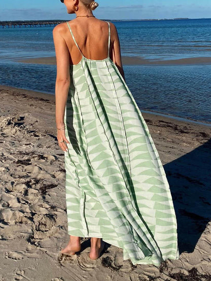 Style Unique Ruffle Triangle Print Suspender Maxi Dress