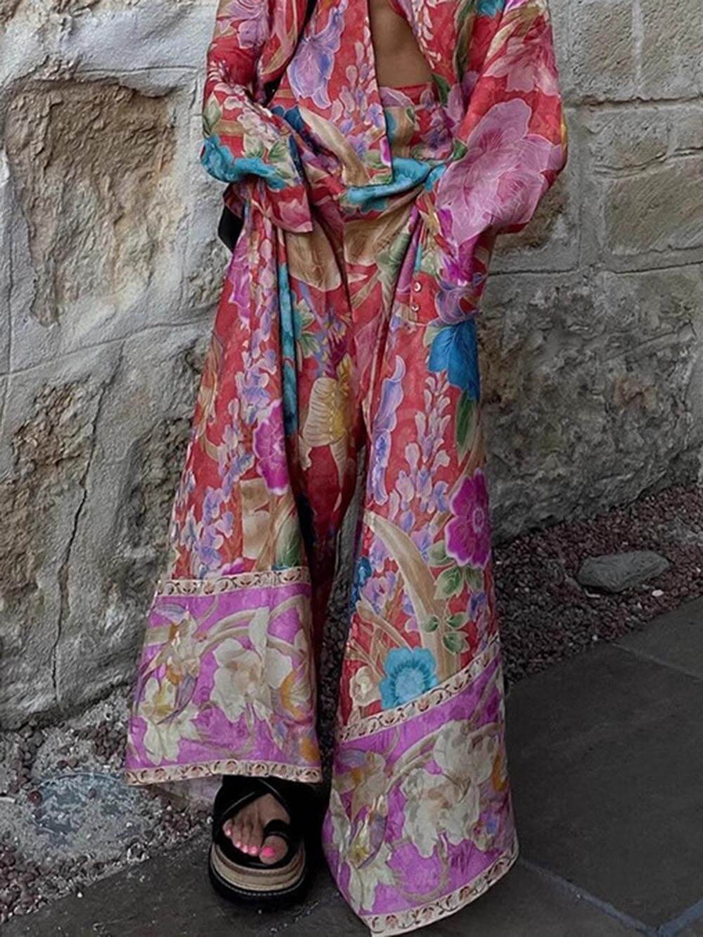 Satin Unique Print Elastic Waistband Pocket Wide Leg Pants