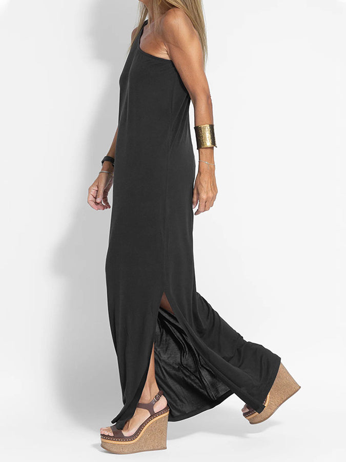 One-shoulder Slit Color Vest Maxi Dress