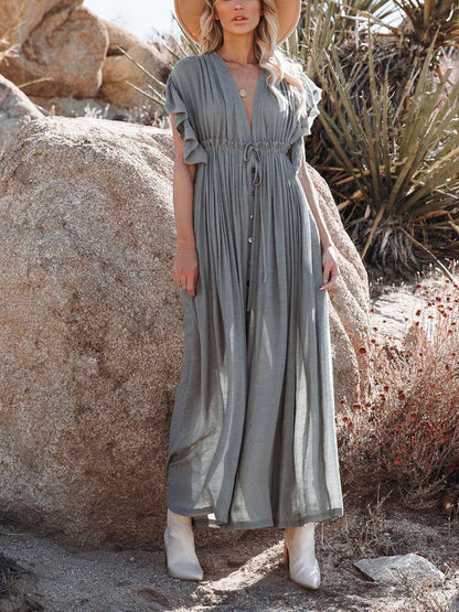 Button Cotton Linen Perfect Beach Maxi Dress