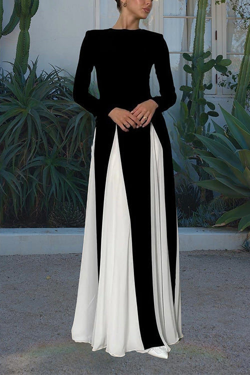 Long Sleeves Color Block Swing Maxi Dress