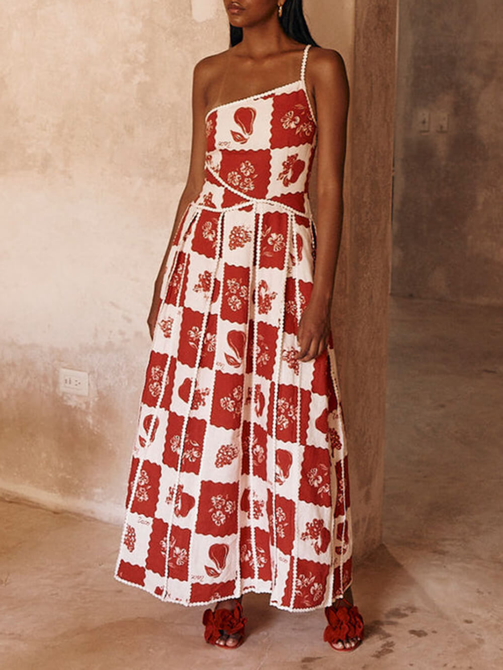 Unique Printed Trim One Shoulder Flared Maxi Dress