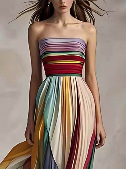 Striped Printed Off-shoulder Pleated Bandeau Maxi Dress