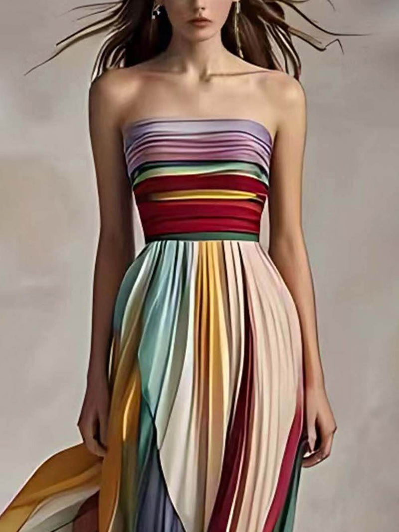 Striped Printed Off-shoulder Pleated Bandeau Maxi Dress