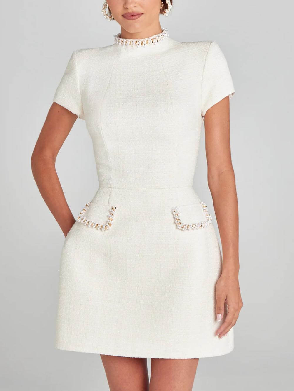 Exquisite and Playful Pearl Trim Pocket Mini Dress