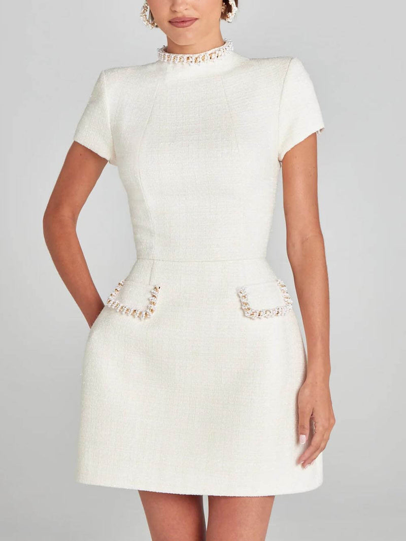Exquisite and Playful Pearl Trim Pocket Mini Dress