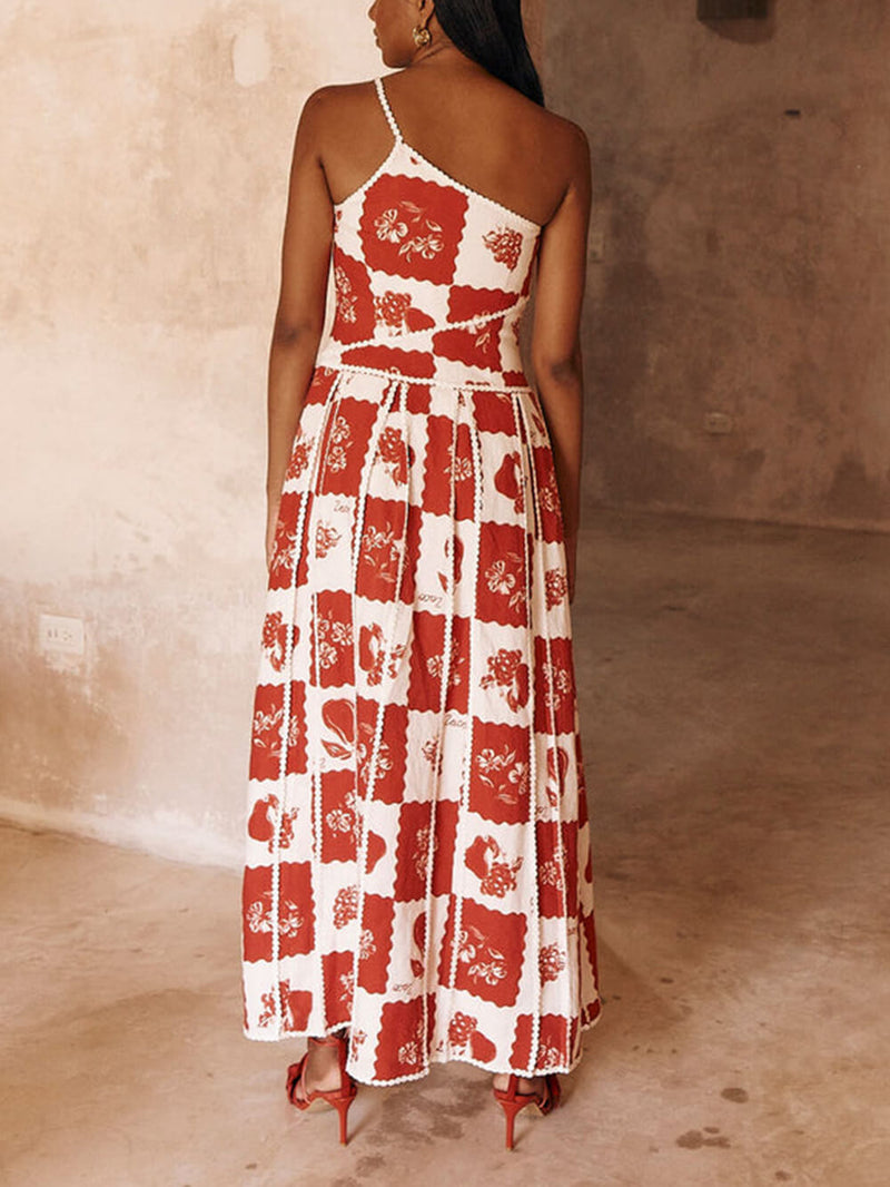 Unique Printed Trim One Shoulder Flared Maxi Dress