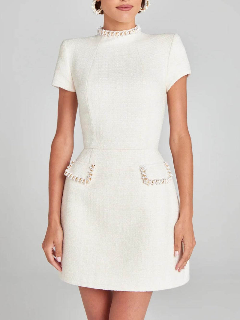 Exquisite and Playful Pearl Trim Pocket Mini Dress