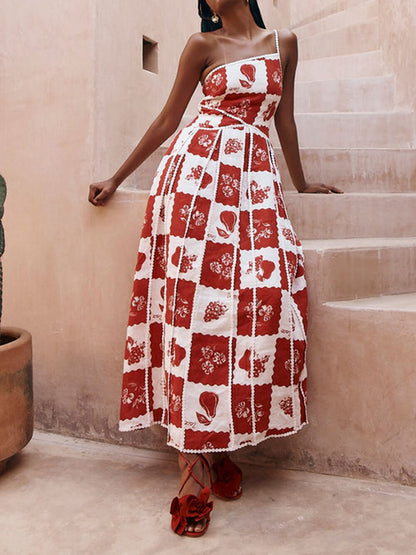 Unique Printed Trim One Shoulder Flared Maxi Dress