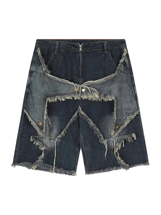 Star Patch Denim Shorts With Fringe