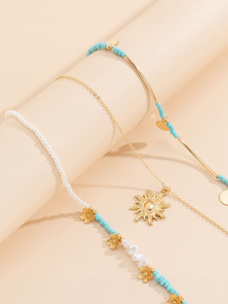 3pcs Sun & Faux Pearl Beaded Necklace