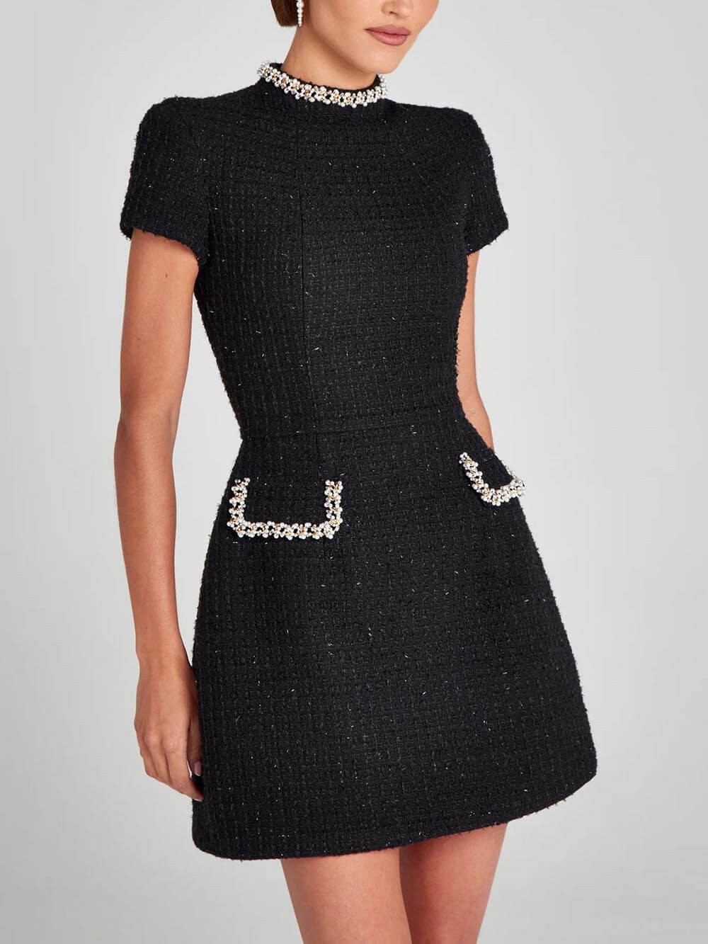 Exquisite and Playful Pearl Trim Pocket Mini Dress
