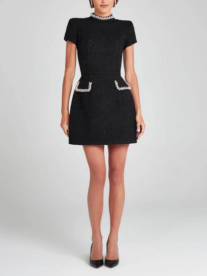 Exquisite and Playful Pearl Trim Pocket Mini Dress