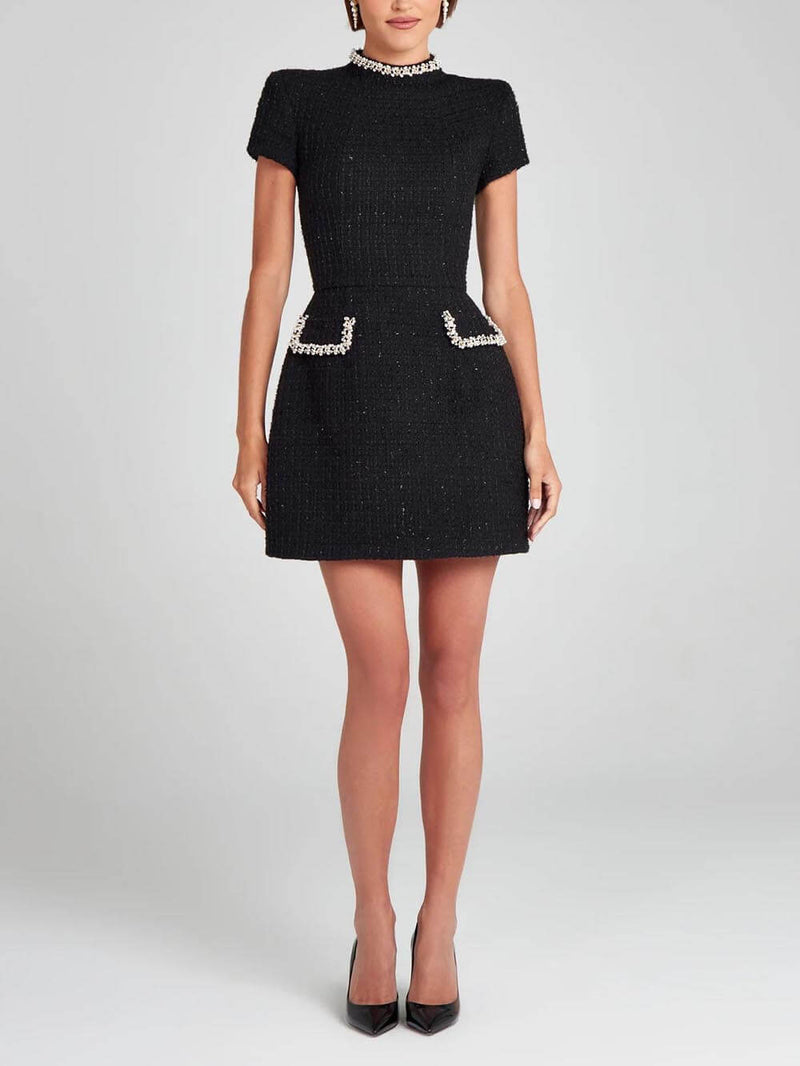 Exquisite and Playful Pearl Trim Pocket Mini Dress