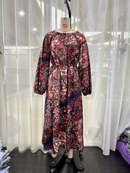 Print Round Neck Lace Up Maxi Dress