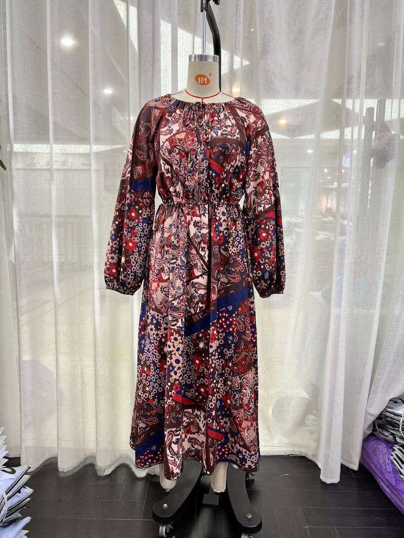 Print Round Neck Lace Up Maxi Dress
