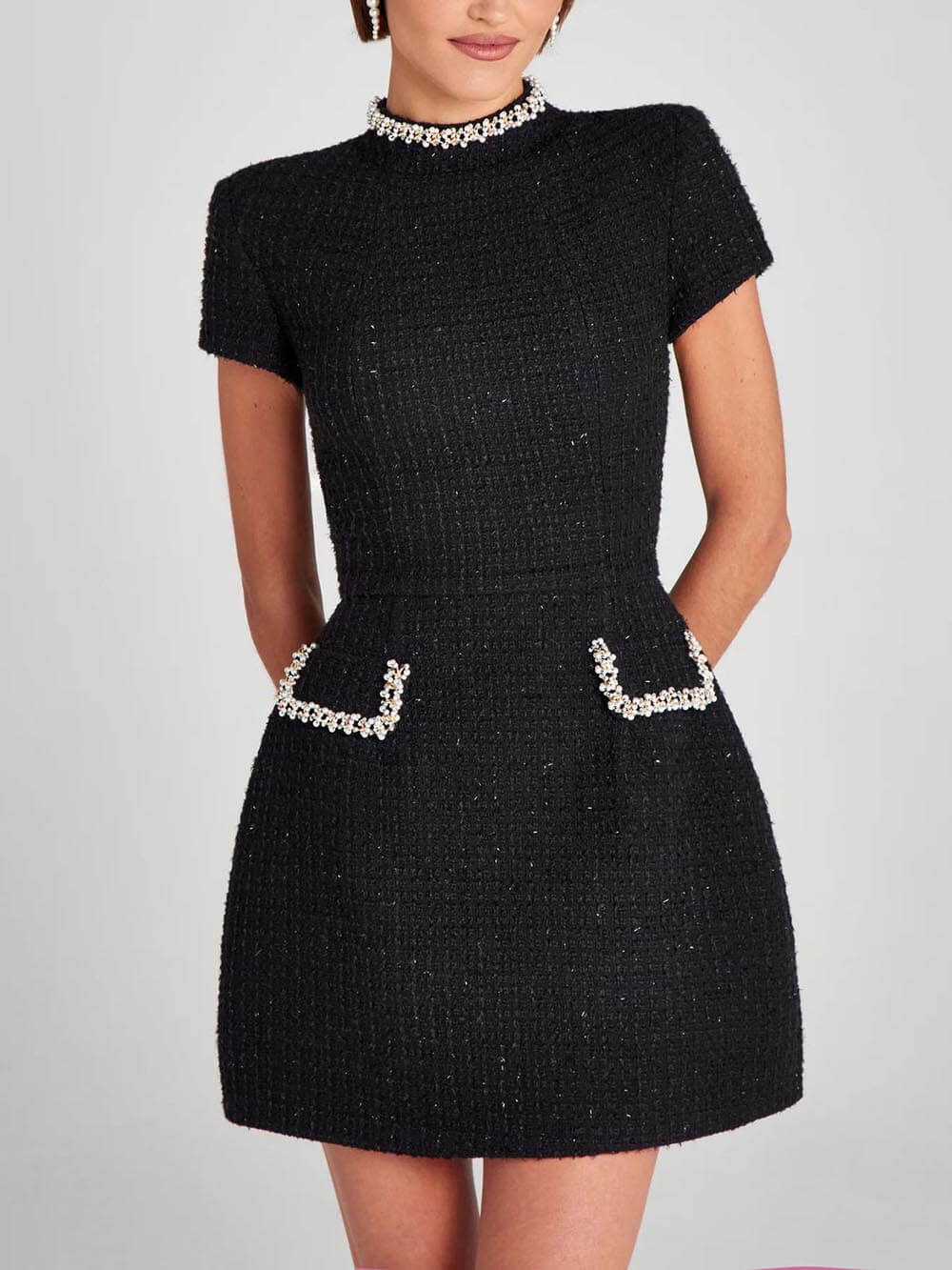 Exquisite and Playful Pearl Trim Pocket Mini Dress