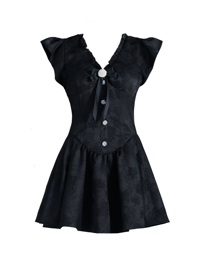 -inspired Black Flutter Sleeve Mini Dress With Button Front