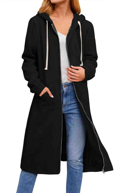 Zip Up Drawstring Hooded Long Cardigan