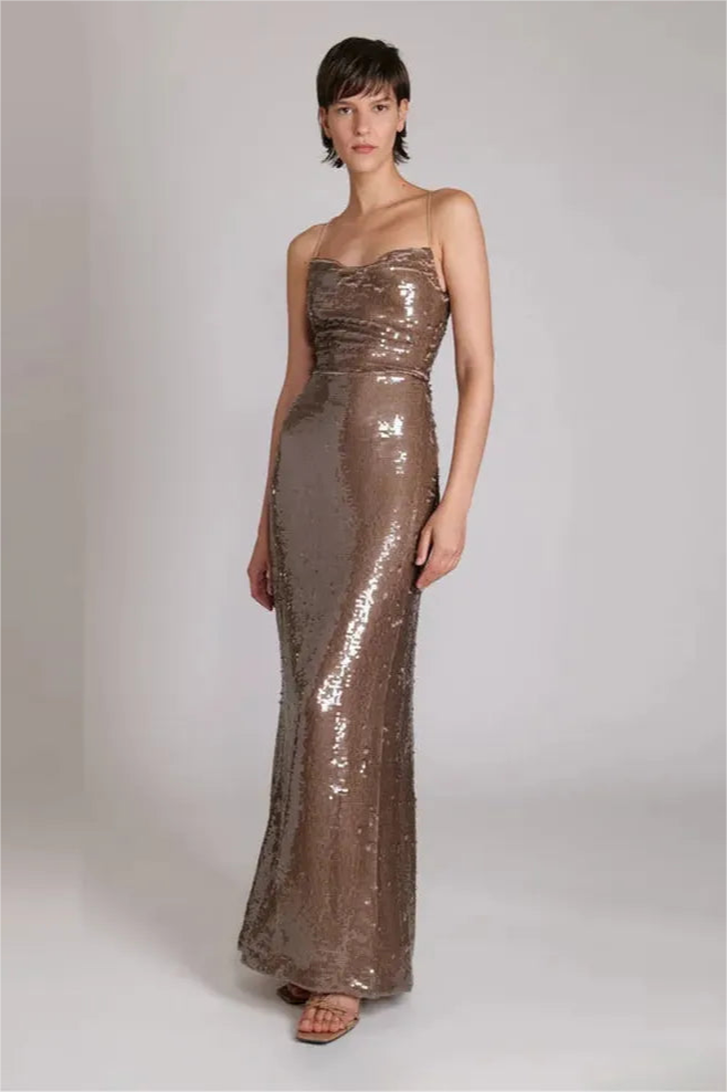Square Collar Sequin Lace Up Tapered Waist Maxi Dress