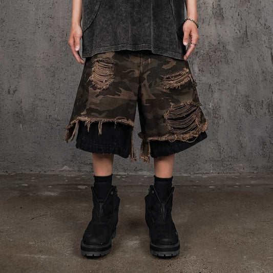 Double-layered Shredded Camo Shorts