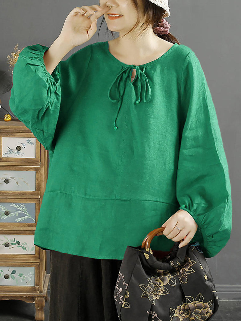 Autumn O-neck 100%linen Loose Blouse Ak1001