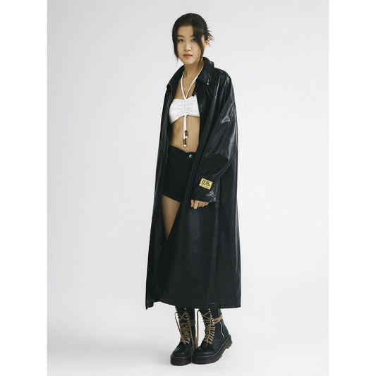 Black Leather Hooded Coat With Oversized Zipper