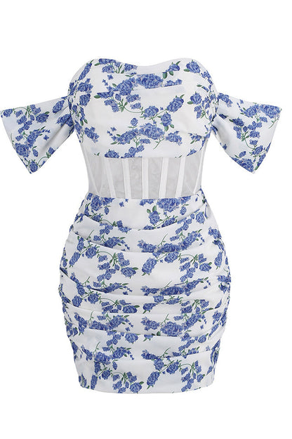 Blue Print Ruched Mini Dress