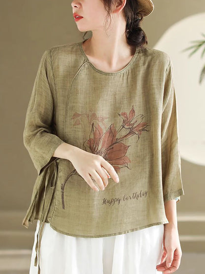 Spring Flower Strap Ramie Blouse Pa1032