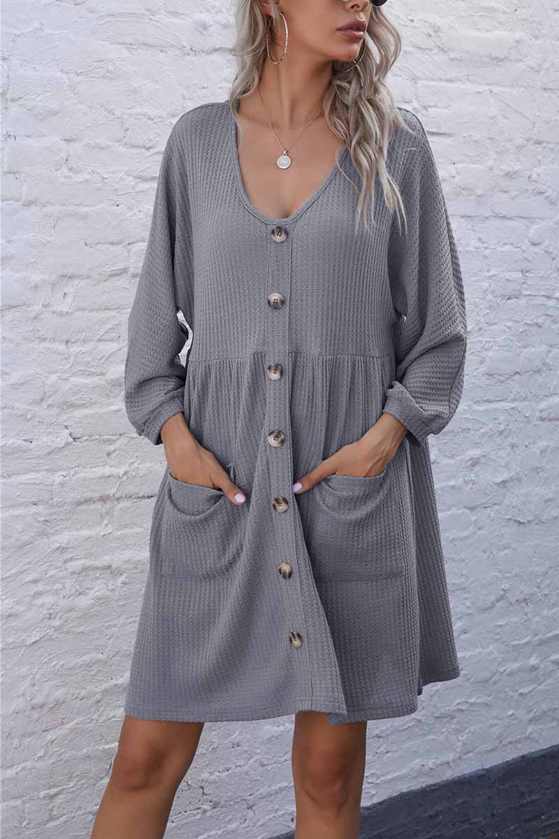 V-neck Buttoned Loose Knit Hem Mini Dresses
