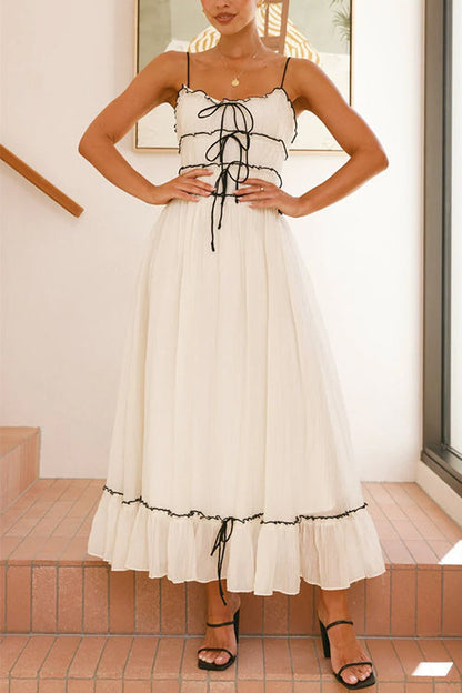 Spaghetti Strap Frill Trim Tie Bow Maxi Dress