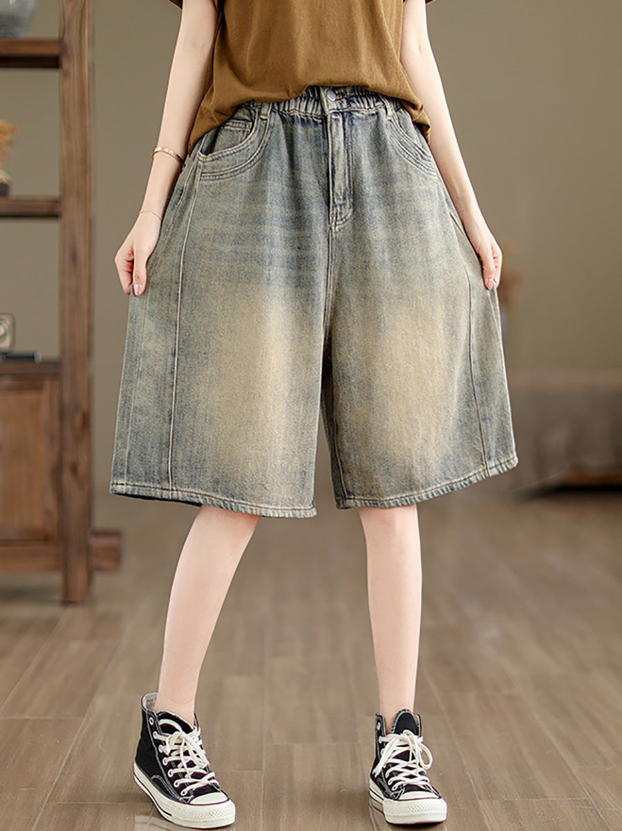 Summer Worn Denim Wide-leg Fifth Pants Cc037