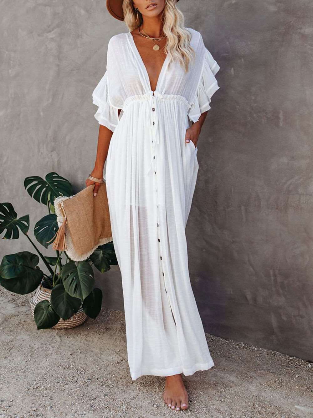 Button Cotton Linen Perfect Beach Maxi Dress