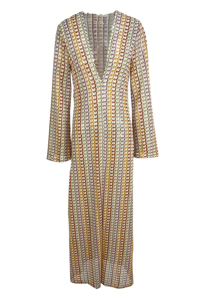 V Neck Bell Sleeve Wavy Striped Crochet Beach Vacation Maxi Dress