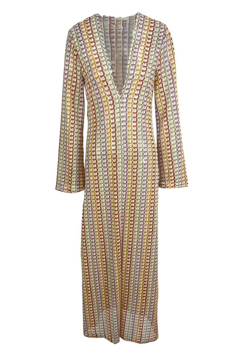 V Neck Bell Sleeve Wavy Striped Crochet Beach Vacation Maxi Dress
