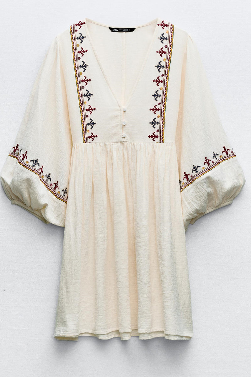 V-neck Lantern Sleeve Embroidered Mini Dress