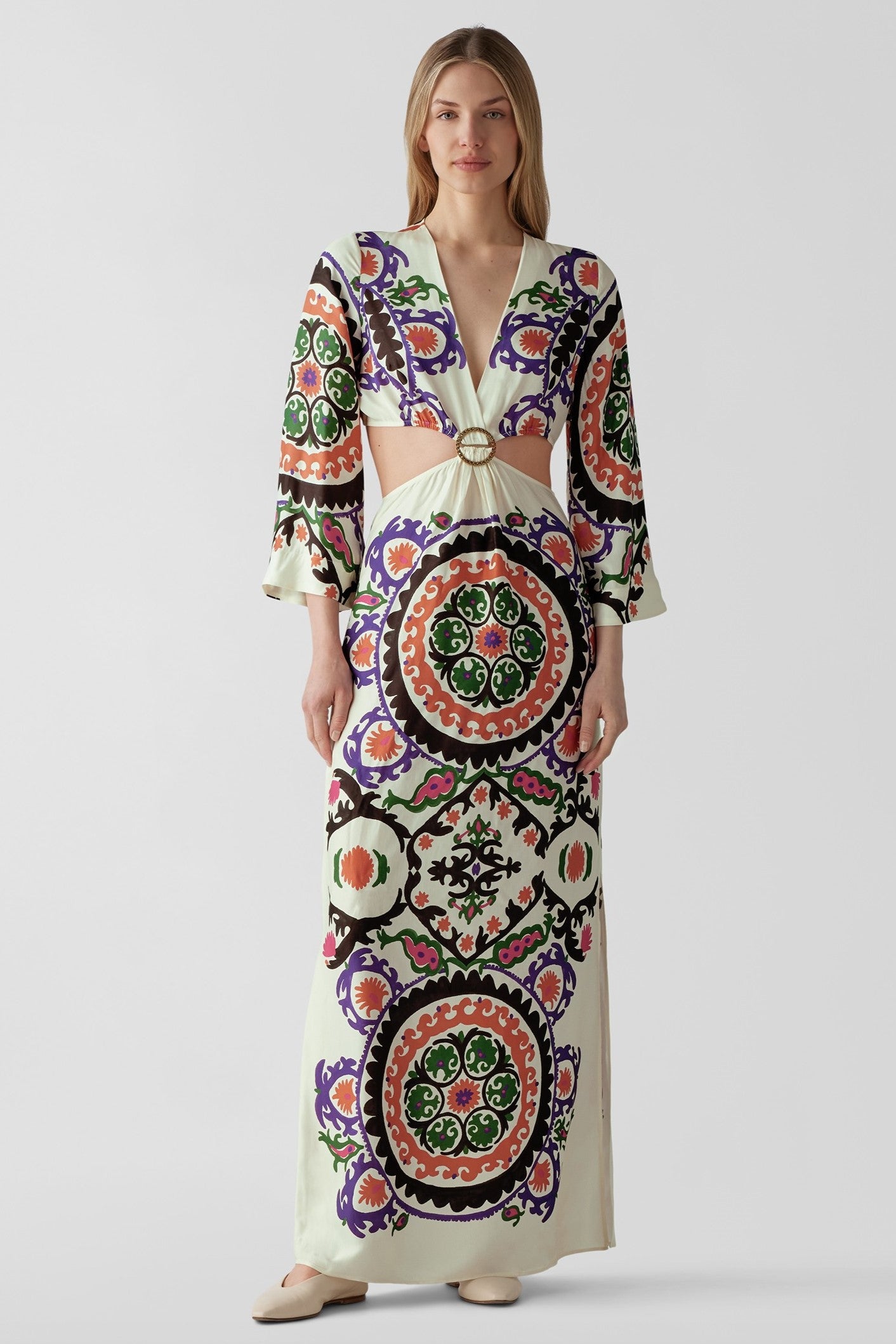 Paisley Print Long Sleeve Cut-out Midi Dress