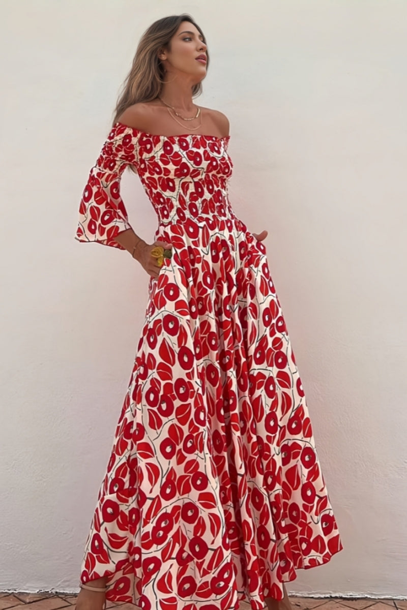 Elerie Print Smocked Off Shoulder Maxi Dress