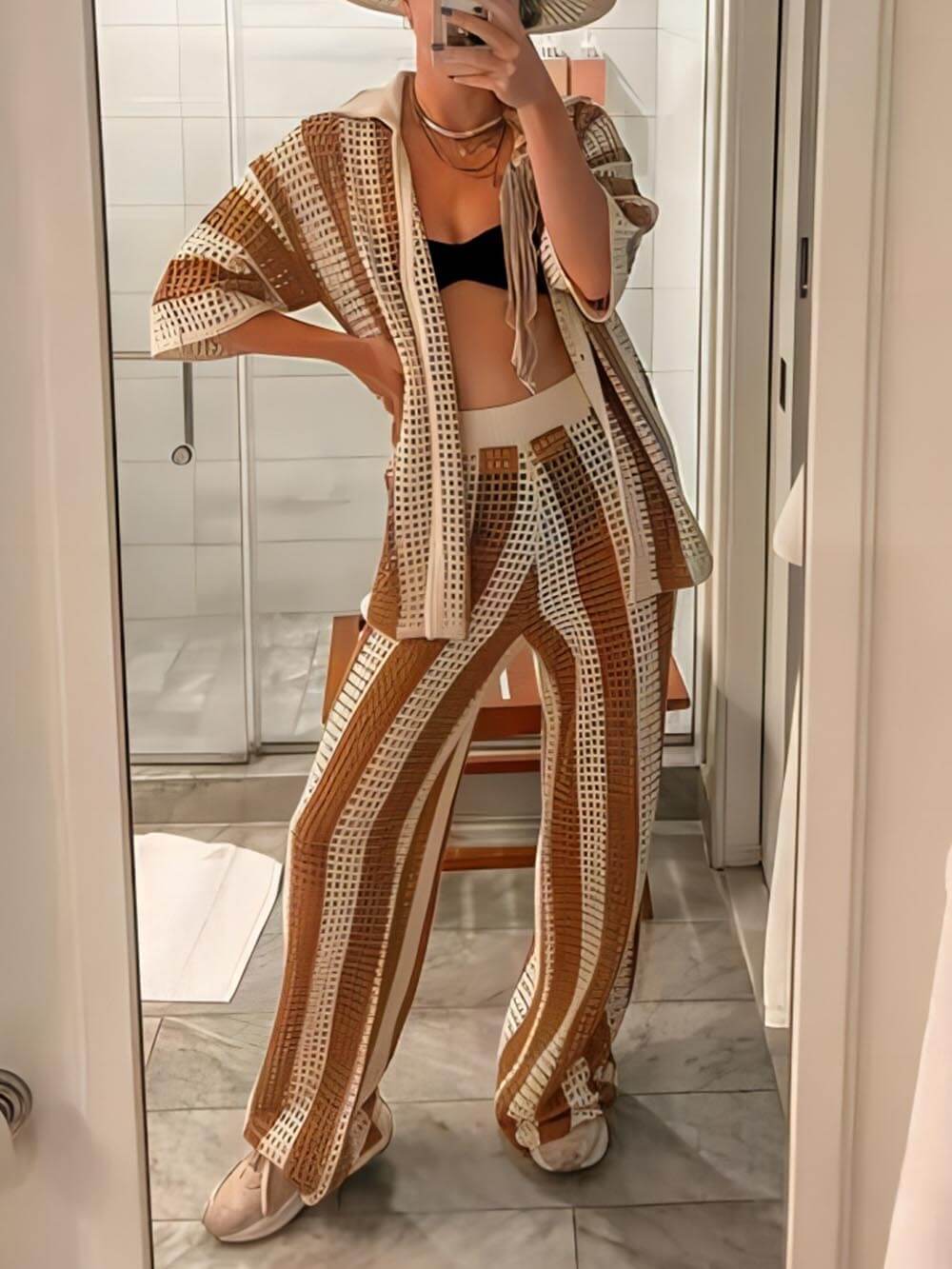 Loose V-neck Hollow Out Striped Shirt Wide Leg Pants Set