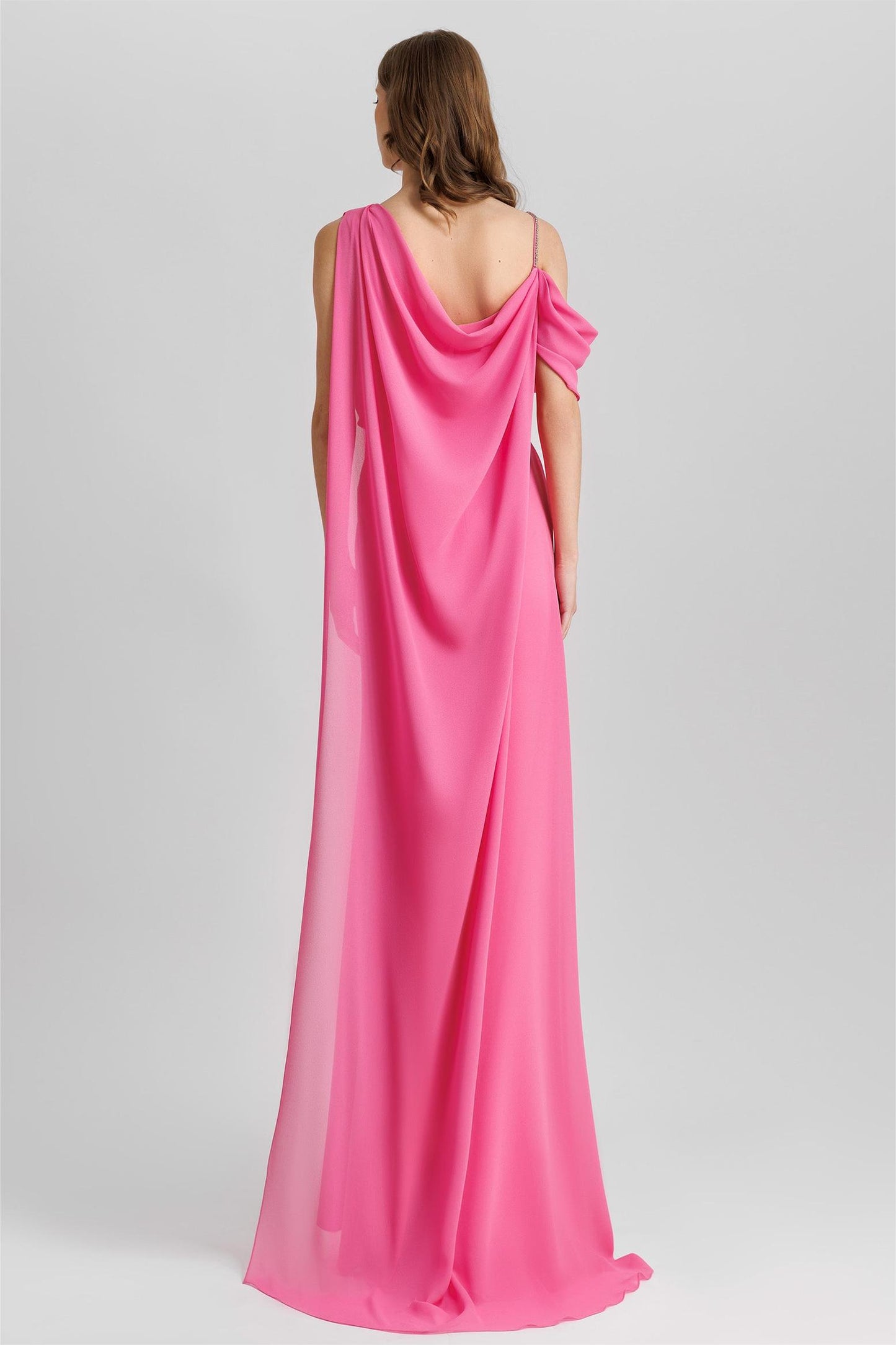 Satin Chiffon Cape Gathering Maxi Dress