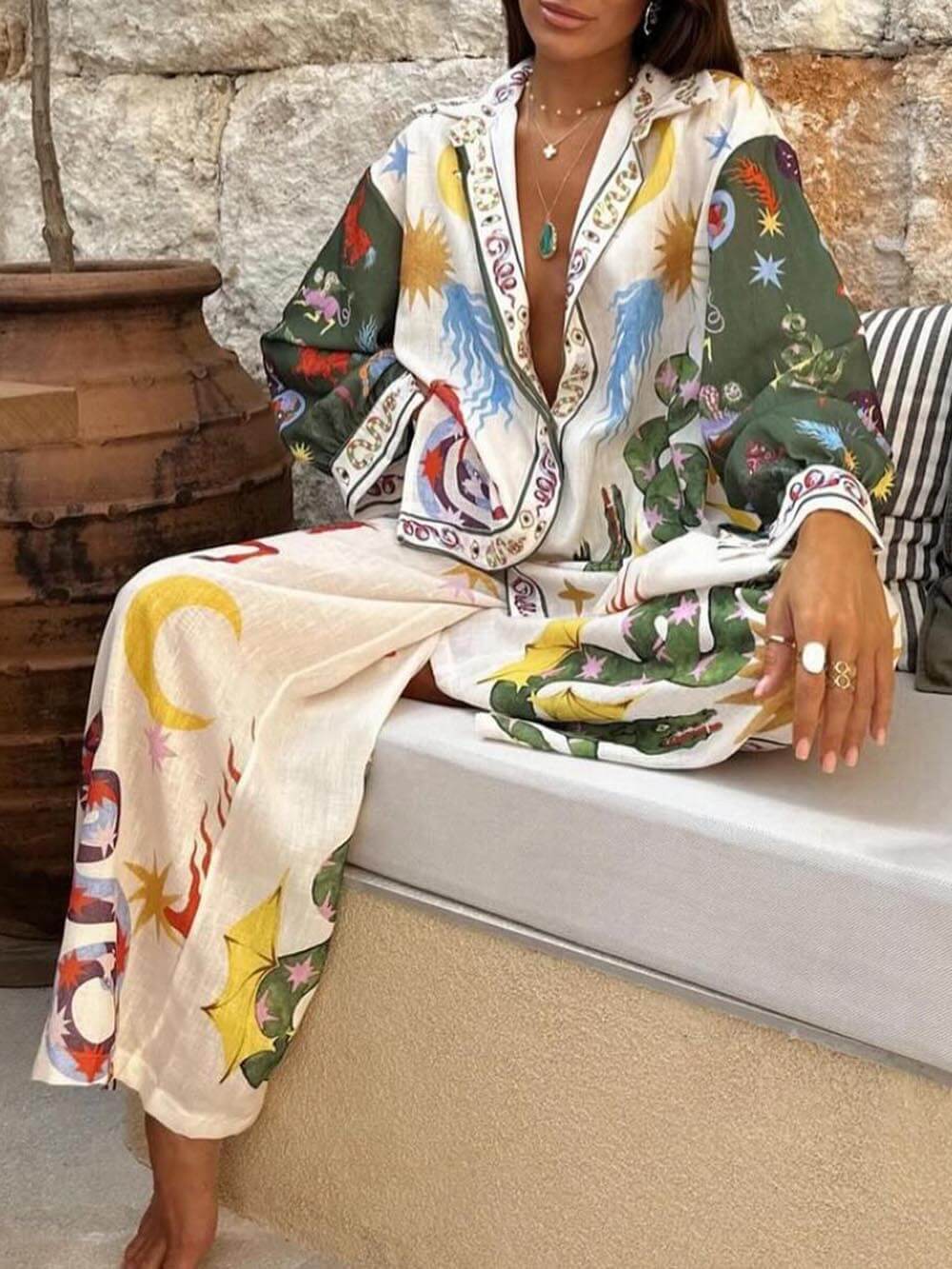 Beauty Unique Print Long Sleeve Shirt and Elastic Waist Pants Set