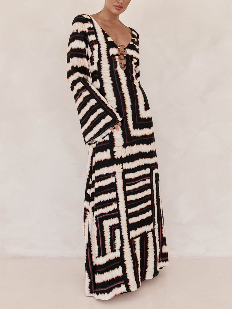 Flattering V-neckline Unique Printed V Tie Ring Maxi Dress