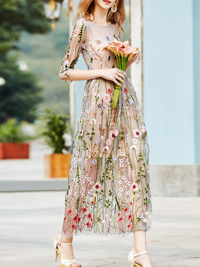 Sheer Garden Mini Dress Flower Embroidered