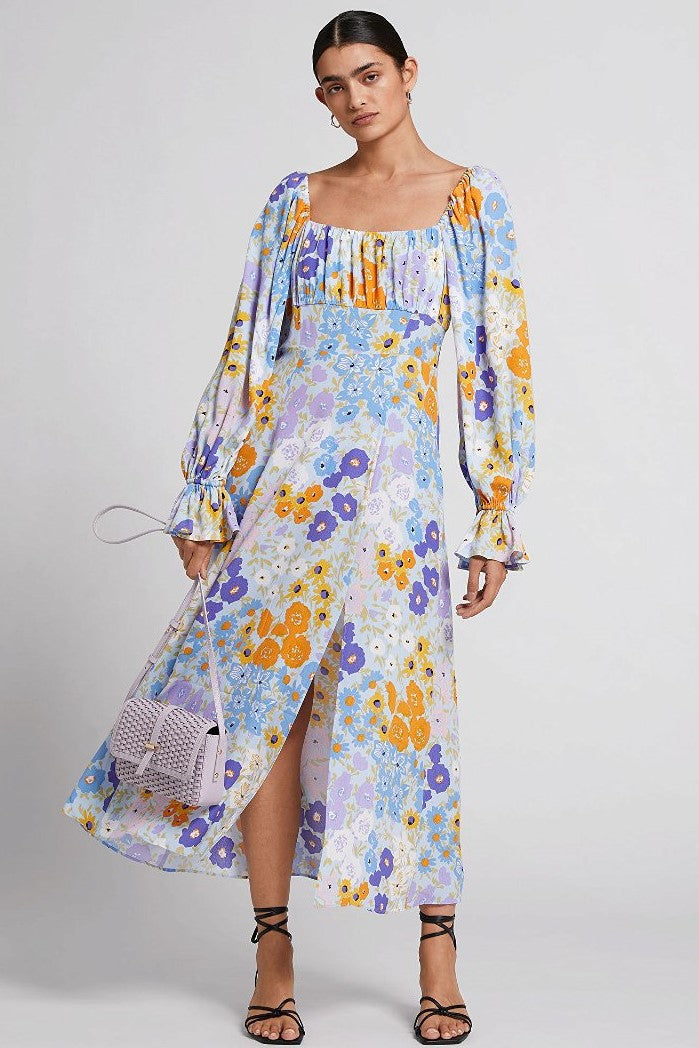 Puff-sleeve Split Midi Dress